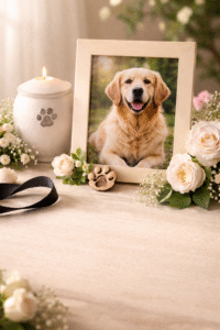 A dignified pet cremation ceremony with flowers and offerings at Peaceful Paws