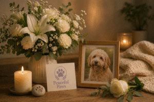 Pet funeral arrangement with flowers and candle in Bangkok