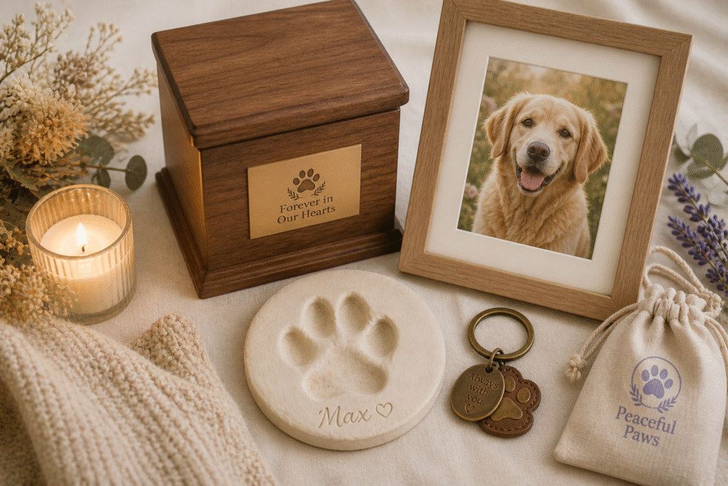 Pet cremation memorial keepsakes in Bangkok including urns, paw print impressions, and custom jewellery