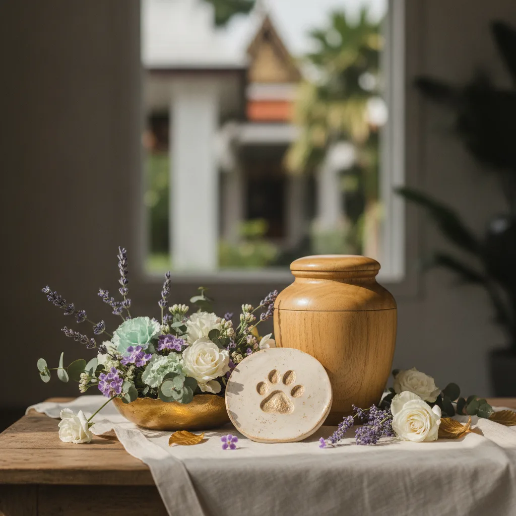 Cat cremation memorial keepsakes including wooden urn and paw print impression