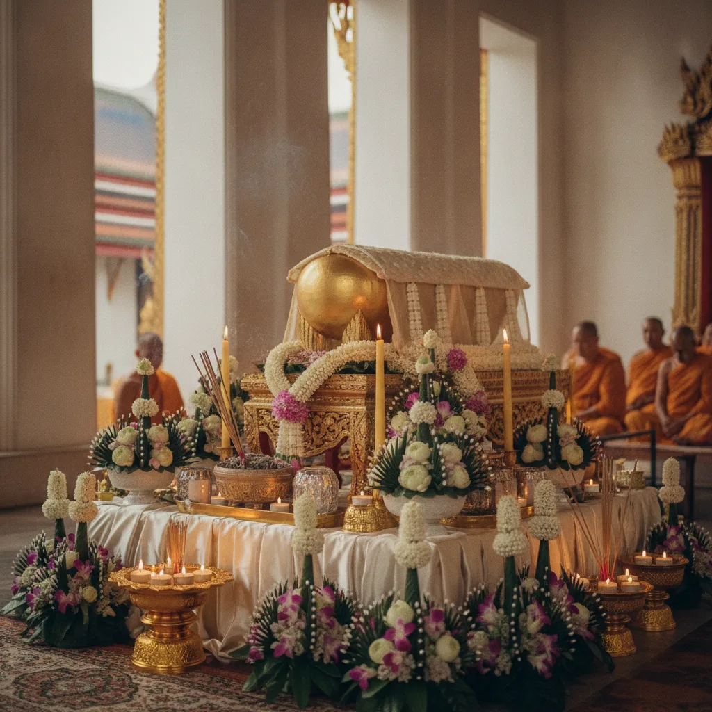 Buddhist temple dog cremation ceremony in Bangkok with floral tributes and monk blessing