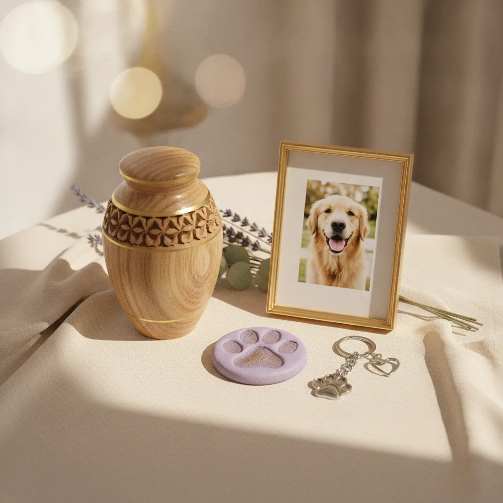 Pet cremation memorial keepsakes in Bangkok including urns, paw print impressions, and custom jewellery
