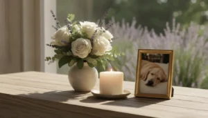 Pet funeral arrangement with flowers and candle in Bangkok