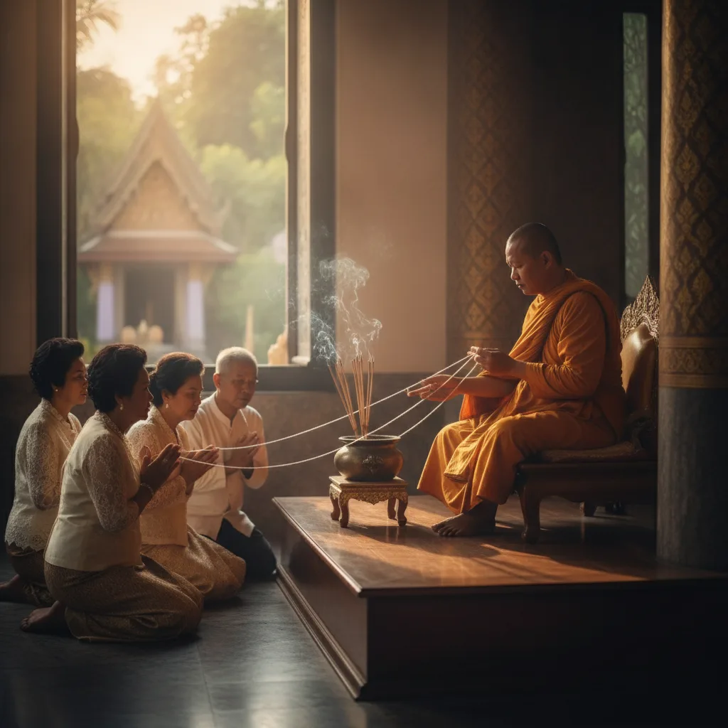 พระสงฆ์กำลังสวดให้พรในพิธีงานศพสัตว์เลี้ยงในประเทศไทย