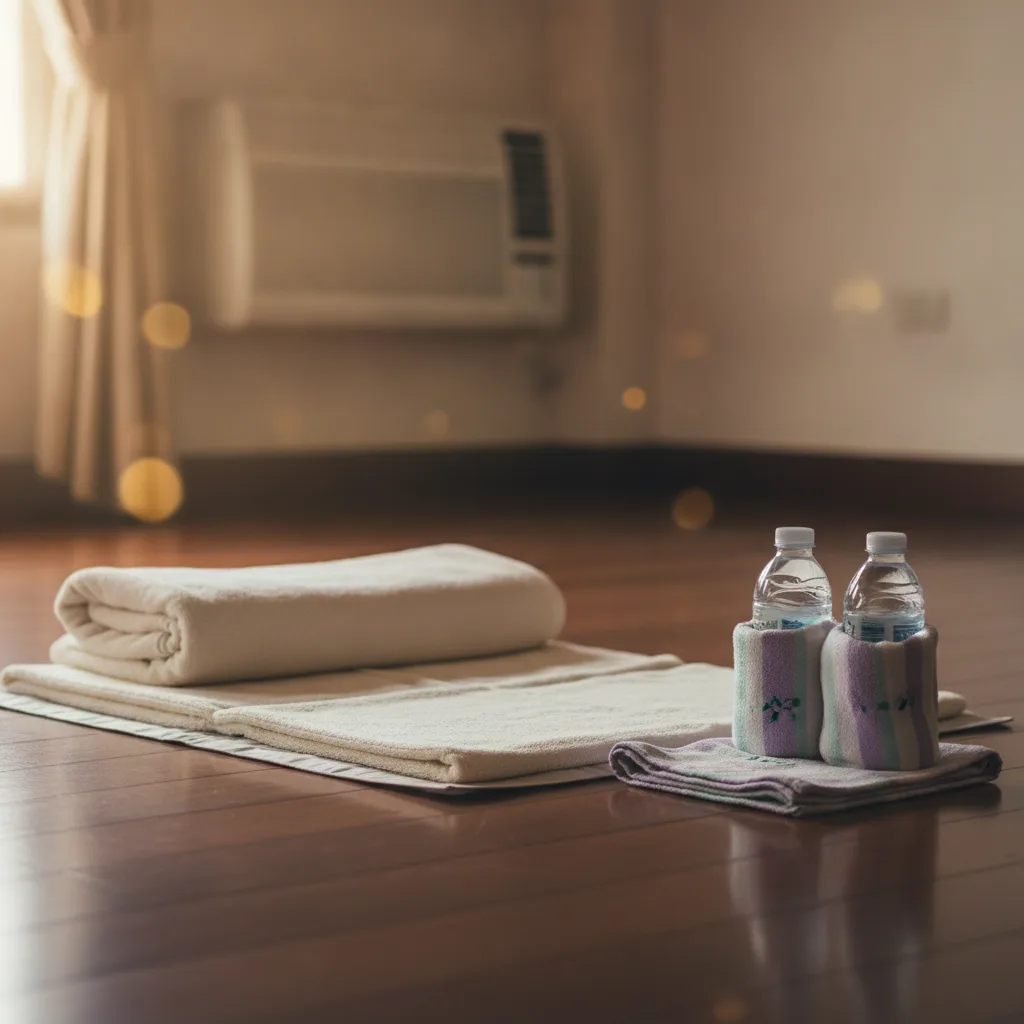 Air-conditioned Bangkok bedroom with towels, a blanket and wrapped ice packs laid out to keep a pet cool before cremation