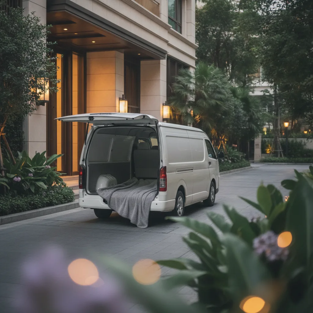 Collection van waiting outside a Bangkok condominium at dusk, ready for a pet cremation pickup