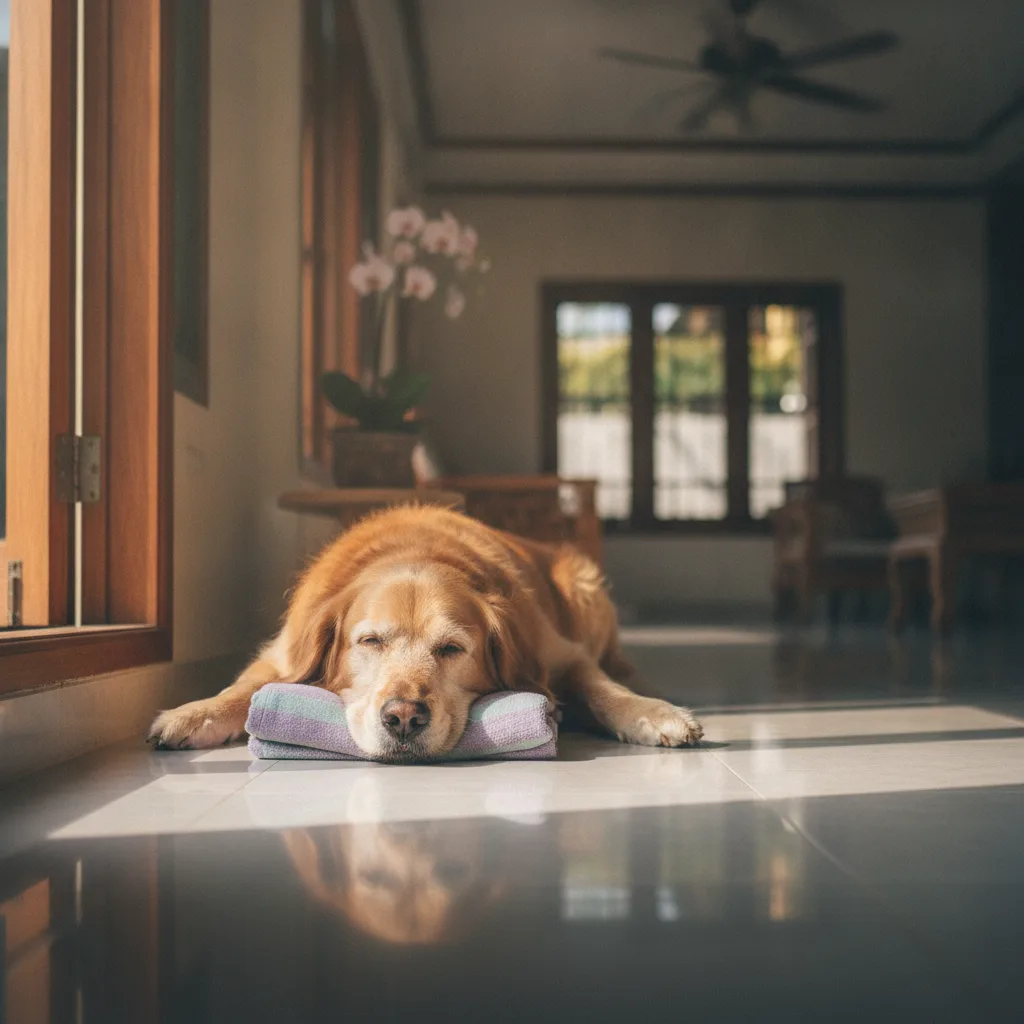 Large senior dog at home; weight is the main factor in pet cremation cost in Bangkok