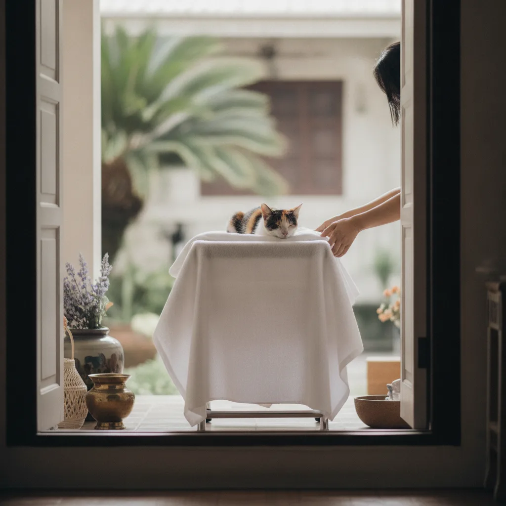 A pet being collected from a Bangkok home on a clean white cloth stretcher