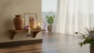 Wooden urn and jasmine garland at home after pet cremation in Thailand