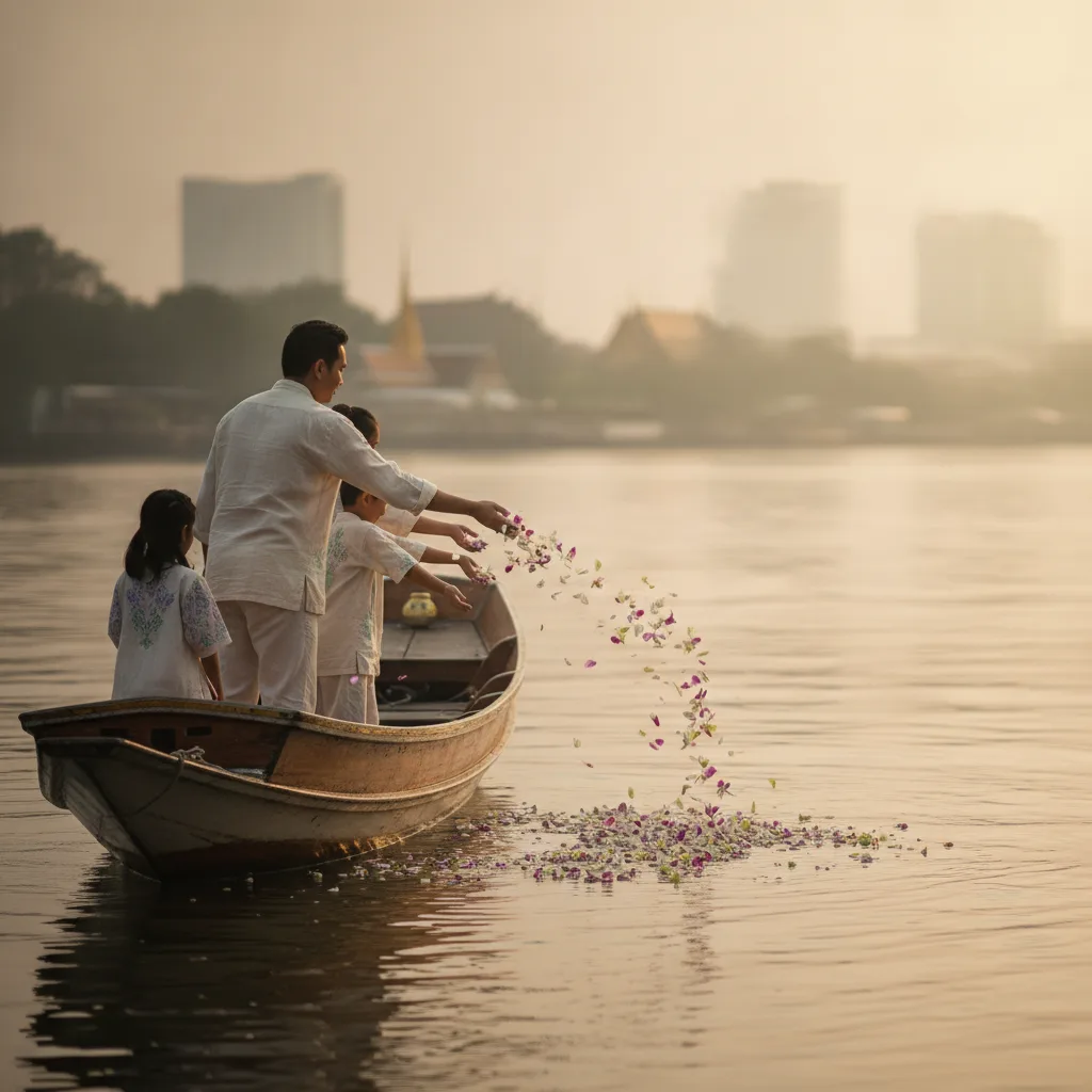 Family floating ashes and petals on the Chao Phraya after a pet cremation