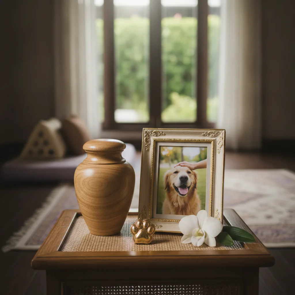 Dog's ashes in a wooden urn with a paw-print keepsake after cremation in Bangkok