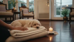 Hands resting on a blanket beside a small dog at home, the first quiet moments of what to do when your pet dies in Bangkok