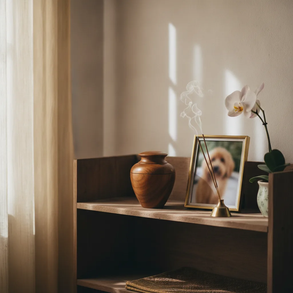 Small wooden urn beside a pet photo, orchid and incense on a Bangkok home shelf after cremation