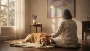 An owner sitting with an elderly dog in a Bangkok vet room before pet euthanasia and cremation