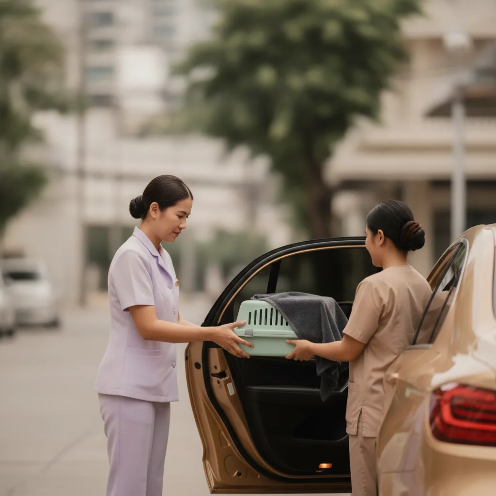 Peaceful Paws collecting a pet by car from a Bangkok clinic after euthanasia, ready for cremation