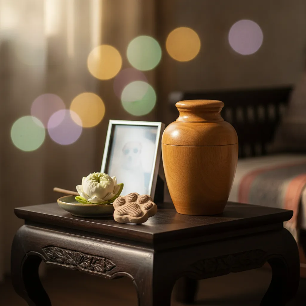 A wooden urn and paw-print keepsake delivered home after pet euthanasia and cremation in Bangkok