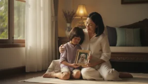 Thai mother sitting with her child and a framed photo of their dog after its death