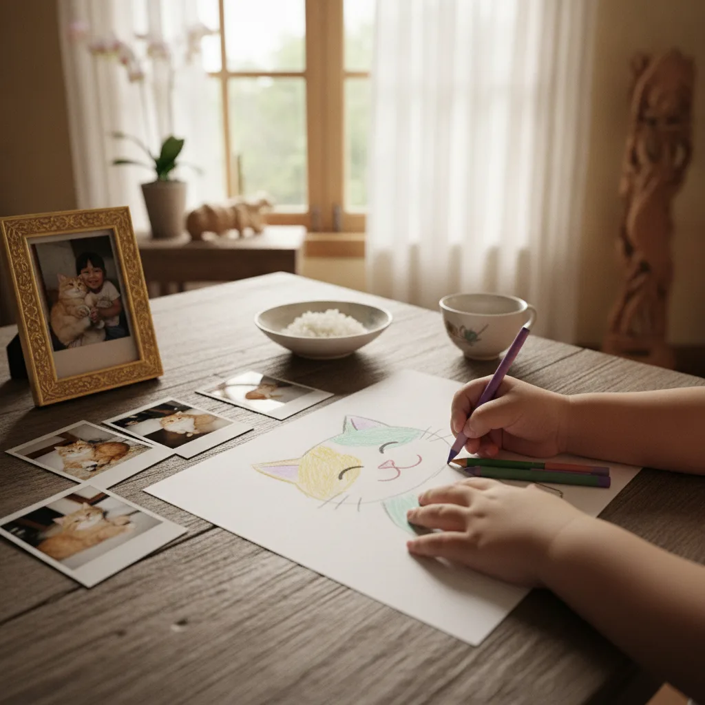Child drawing a picture of her cat, one way of helping children cope with the death of a pet