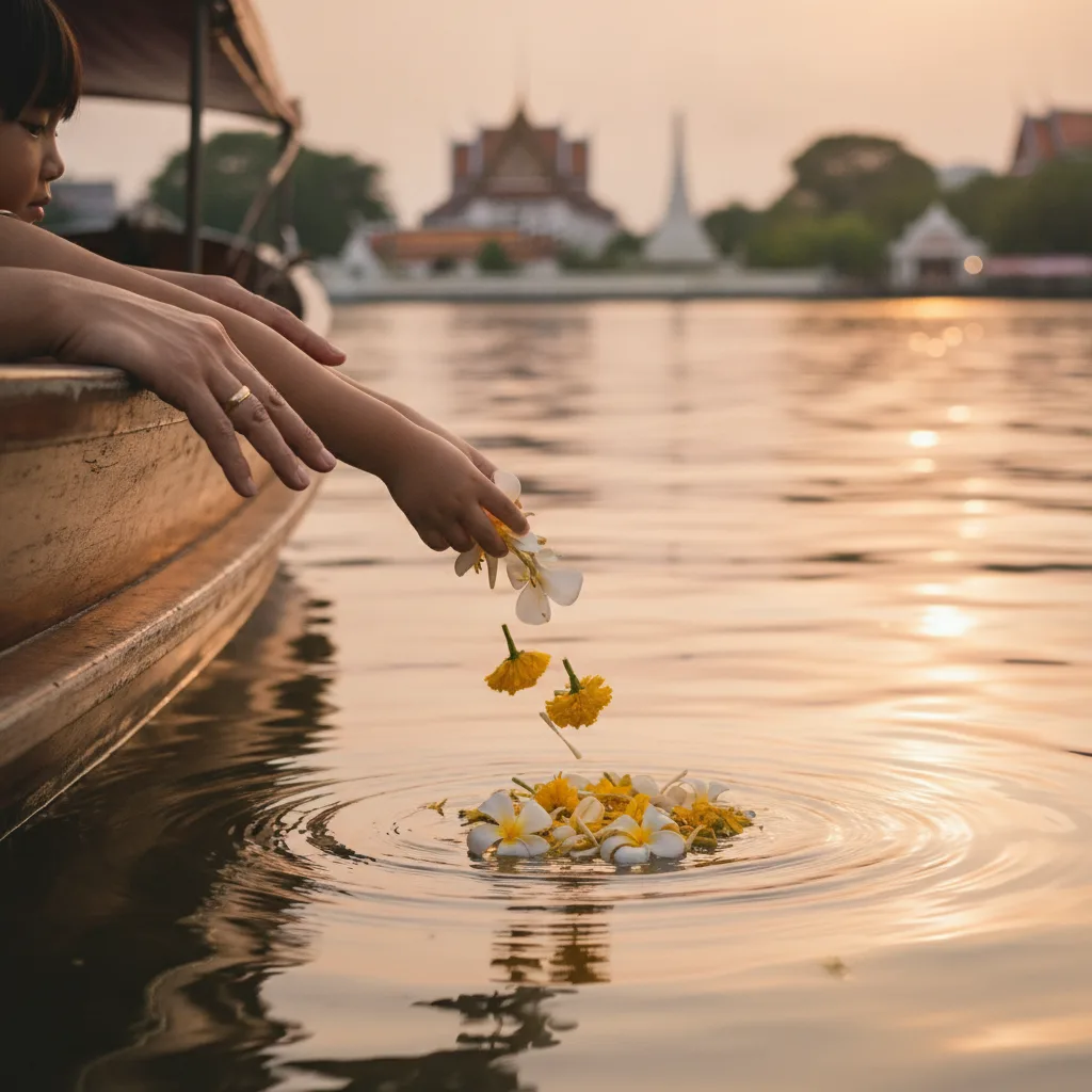 Child scattering flower petals on the Chao Phraya during a pet ash-scattering ceremony