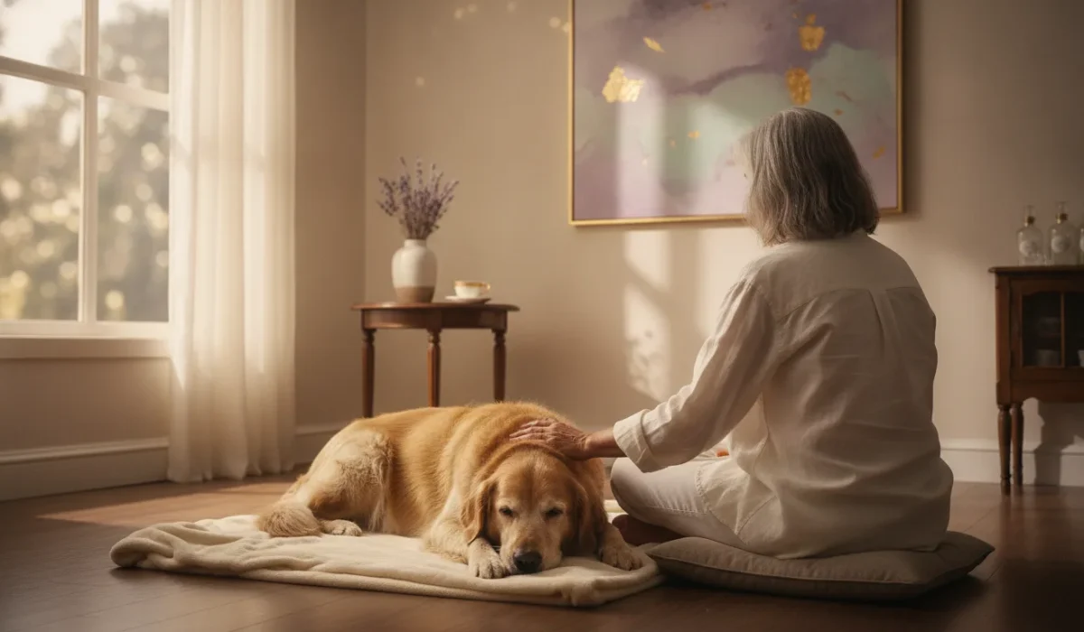An owner sitting with an elderly dog in a Bangkok vet room before pet euthanasia and cremation
