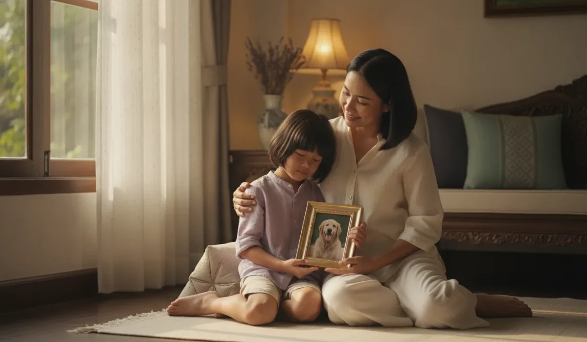 Thai mother sitting with her child and a framed photo of their dog after its death