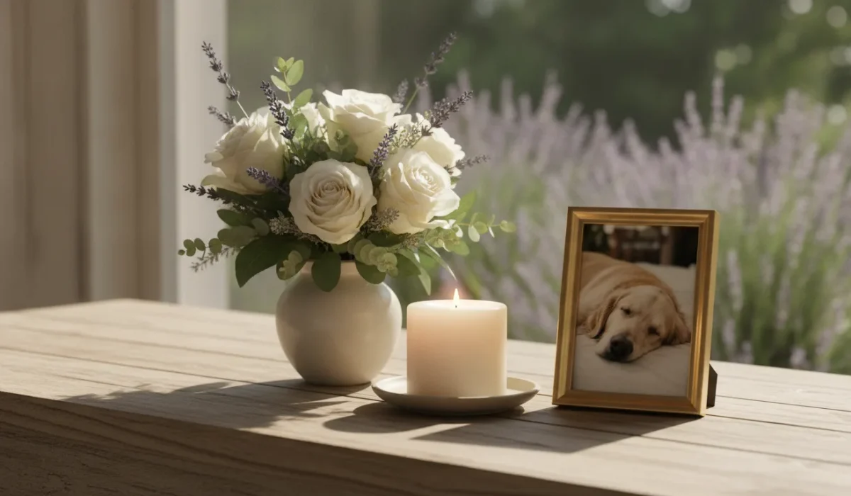 Pet funeral arrangement with flowers and candle in Bangkok