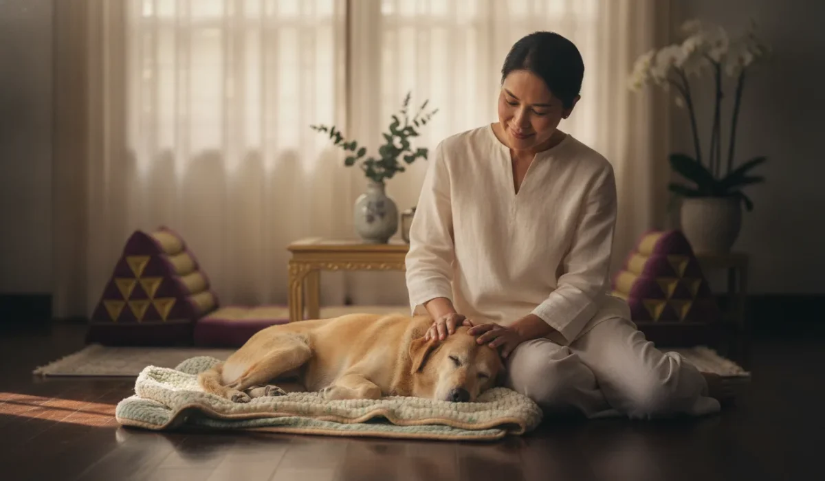 Owner sitting quietly beside their dog at home, the first step in what to do when your dog dies